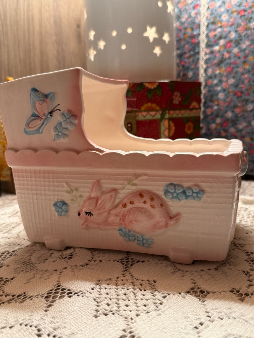 Vintage My-Neil Imports Ceramic Baby Cradle Bassinet Planter Baby Deer Butterfly